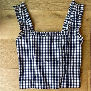 J. Crew Blue and White Ruffled Smocked Tank Top